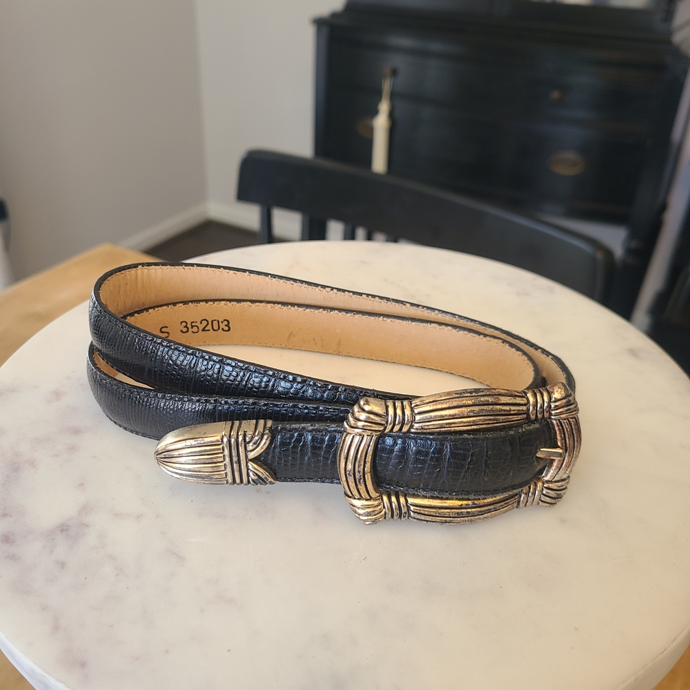 Brighton Black Leather Belt with Antique Gold-Tone Buckle